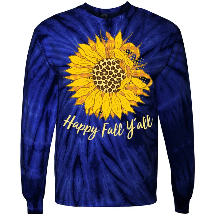 Cute Happy Fall Y'all Leopard Pattern Sunflower Tie-Dye Long Sleeve Shirt