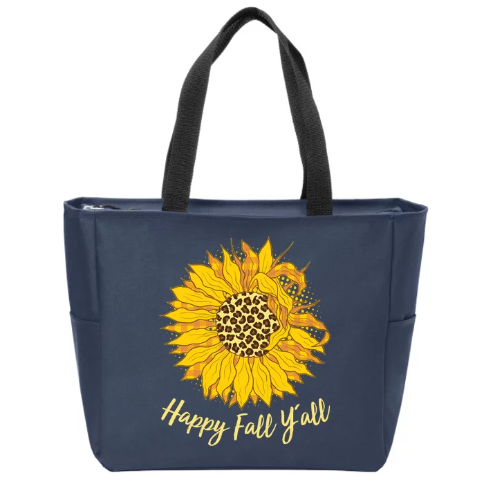 Cute Happy Fall Y'all Leopard Pattern Sunflower Zip Tote Bag