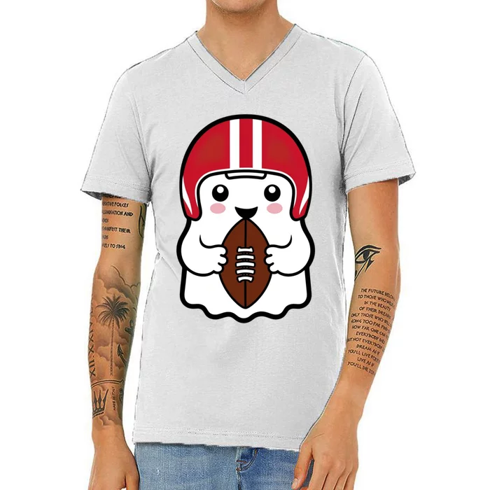 Cute Halloween Football Ghost Fun Sports Apparel V-Neck T-Shirt