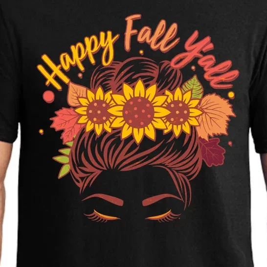 Cute Happy Fall Y'all Woman With Sunflower And Leaves Hair Bun Pajama Set