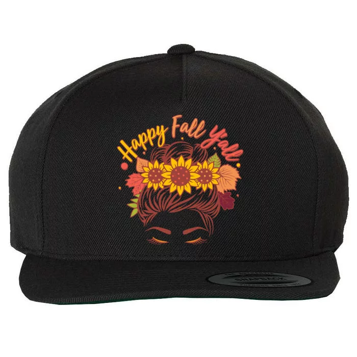 Cute Happy Fall Y'all Woman With Sunflower And Leaves Hair Bun Wool Snapback Cap