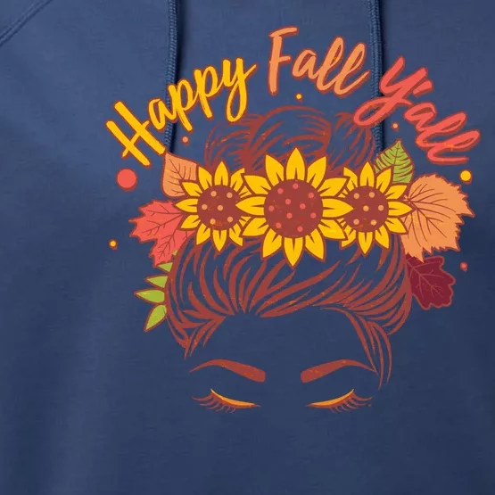 Cute Happy Fall Y'all Woman With Sunflower And Leaves Hair Bun Performance Fleece Hoodie