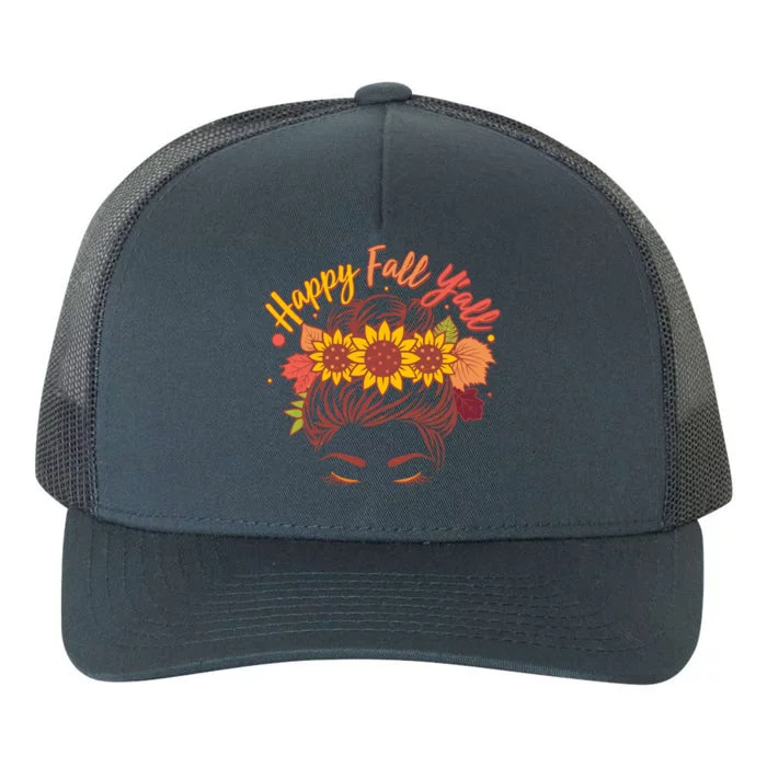 Cute Happy Fall Y'all Woman With Sunflower And Leaves Hair Bun Yupoong Adult 5-Panel Trucker Hat