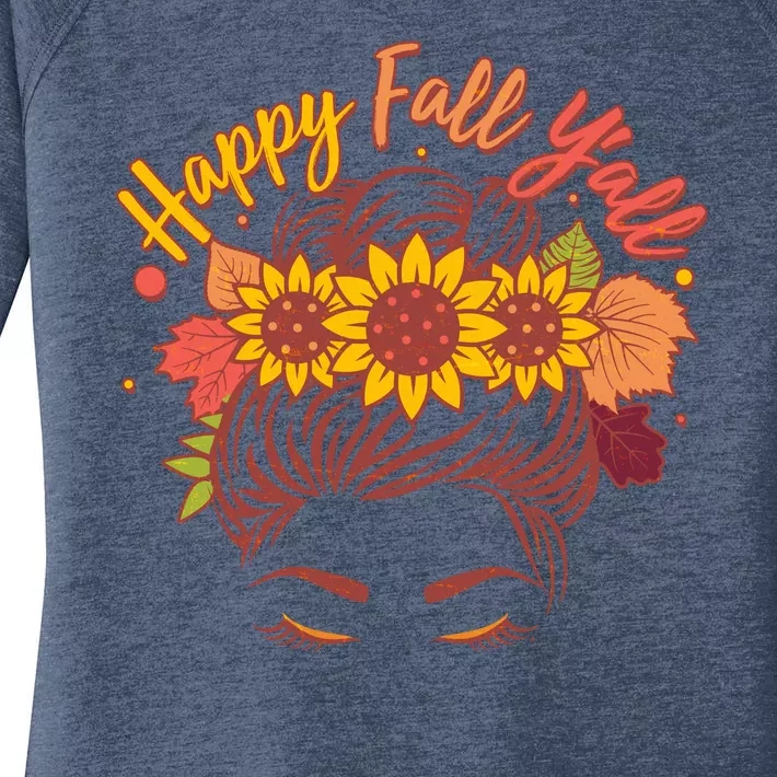 Cute Happy Fall Y'all Woman With Sunflower And Leaves Hair Bun Women's Perfect Tri Tunic Long Sleeve Shirt