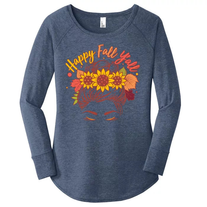 Cute Happy Fall Y'all Woman With Sunflower And Leaves Hair Bun Women's Perfect Tri Tunic Long Sleeve Shirt