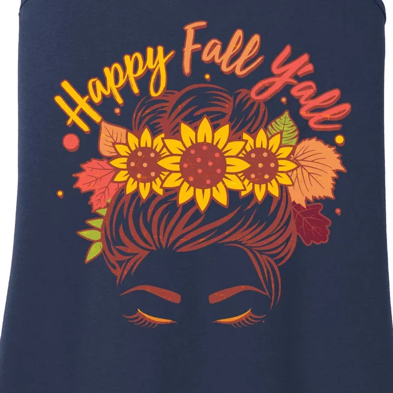 Cute Happy Fall Y'all Woman With Sunflower And Leaves Hair Bun Ladies Essential Tank