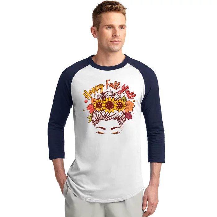 Cute Happy Fall Y'all Woman With Sunflower And Leaves Hair Bun Baseball Sleeve Shirt