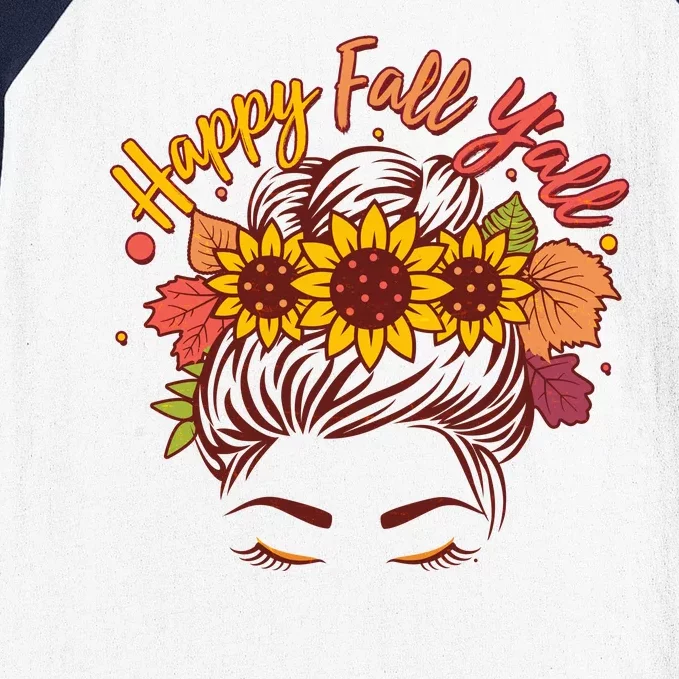 Cute Happy Fall Y'all Woman With Sunflower And Leaves Hair Bun Baseball Sleeve Shirt