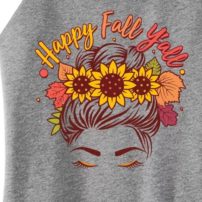 Cute Happy Fall Y'all Woman With Sunflower And Leaves Hair Bun Women’s Perfect Tri Rocker Tank