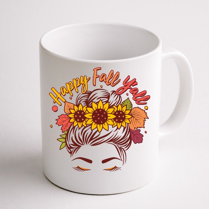 Cute Happy Fall Y'all Woman With Sunflower And Leaves Hair Bun Front & Back Coffee Mug