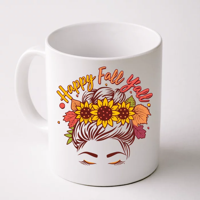 Cute Happy Fall Y'all Woman With Sunflower And Leaves Hair Bun Front & Back Coffee Mug