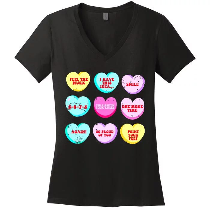 Conversation Hearts Funny Dance Teacher Happy Valentines Day Women's V-Neck T-Shirt