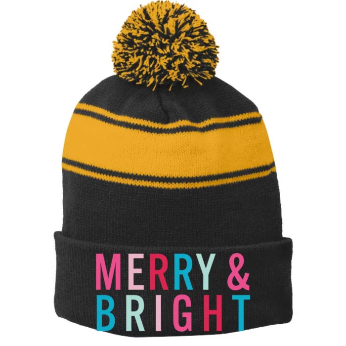 Christmas Holiday Graphic Merry And Bright Long Sleeve Stripe Pom Pom Beanie