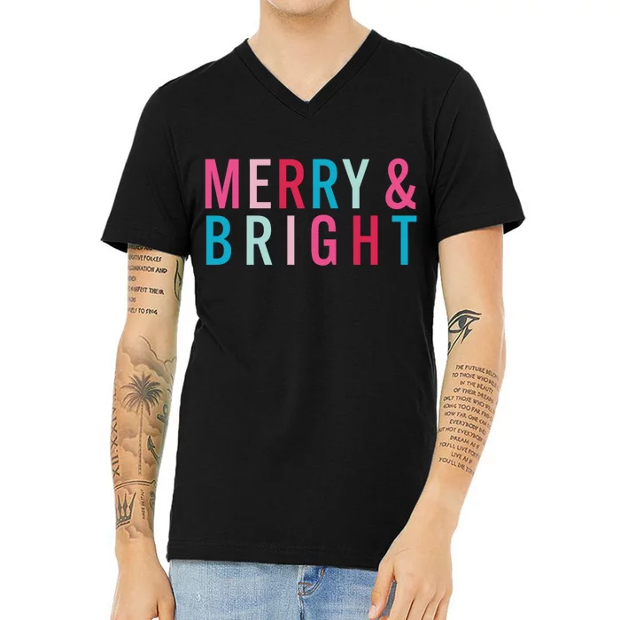 Christmas Holiday Graphic Merry And Bright Long Sleeve V-Neck T-Shirt