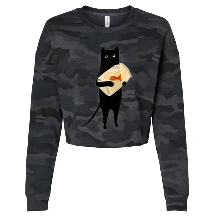 Cat Holding Goldfish Bowl Art Design Cropped Pullover Crew