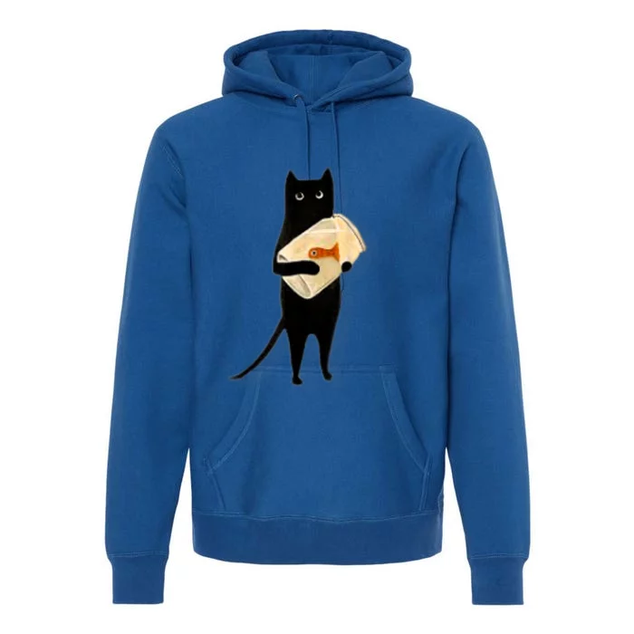 Cat Holding Goldfish Bowl Art Design Premium Hoodie