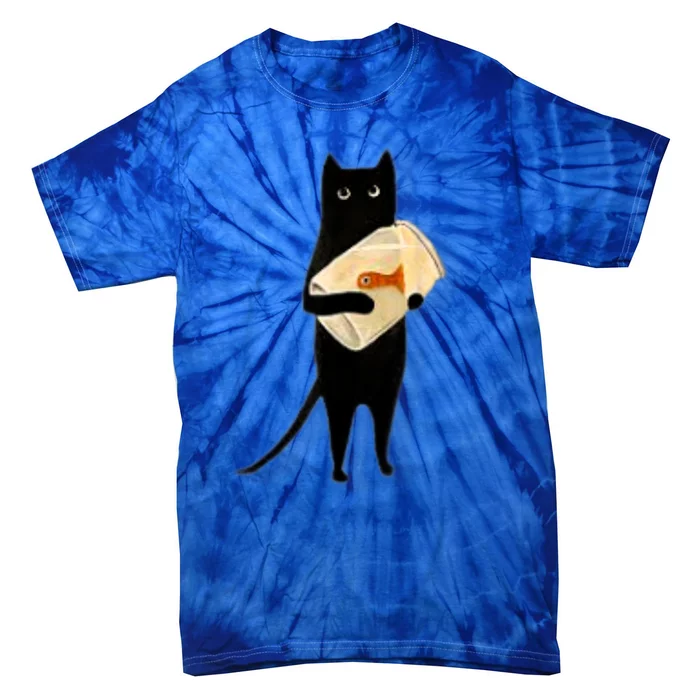 Cat Holding Goldfish Bowl Art Design Tie-Dye T-Shirt