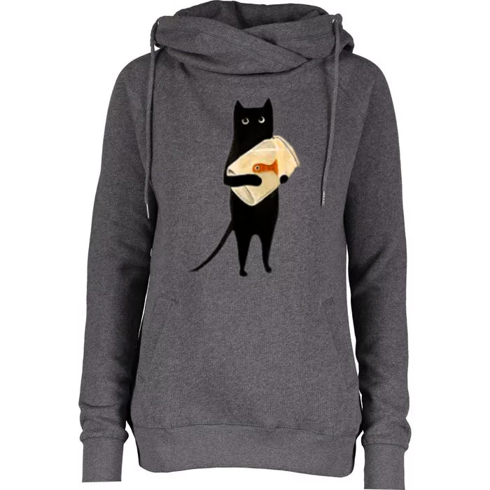 Cat Holding Goldfish Bowl Art Design Womens Funnel Neck Pullover Hood