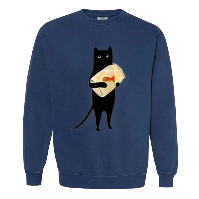 Cat Holding Goldfish Bowl Art Design Garment-Dyed Sweatshirt