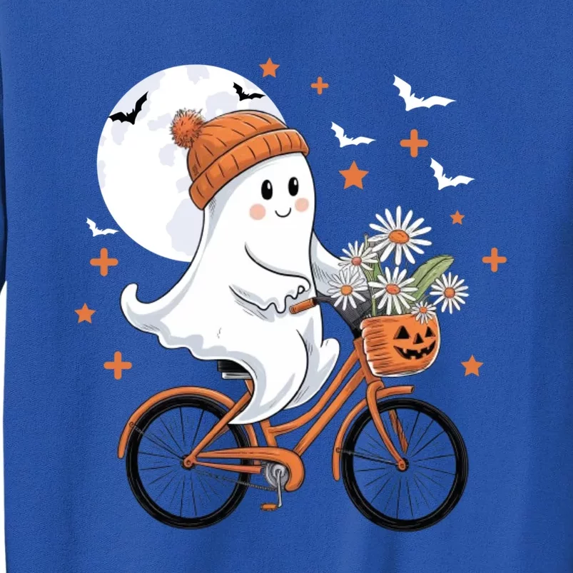 Cute Halloween Ghost Riding Bike With Flowers Spooky Fall Gift Tall Sweatshirt