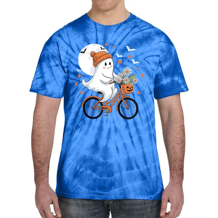 Cute Halloween Ghost Riding Bike With Flowers Spooky Fall Gift Tie-Dye T-Shirt