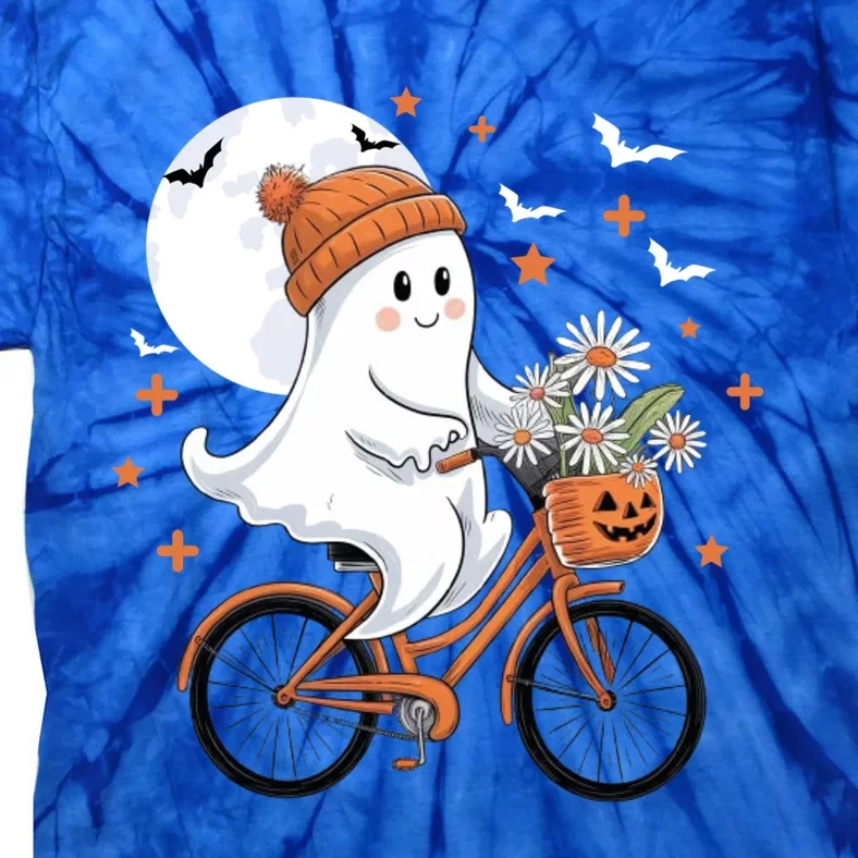 Cute Halloween Ghost Riding Bike With Flowers Spooky Fall Gift Tie-Dye T-Shirt