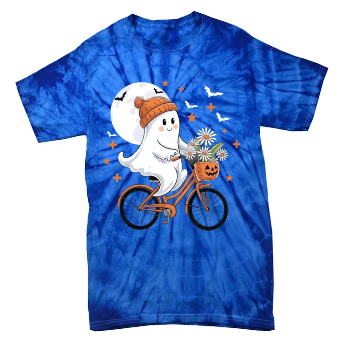 Cute Halloween Ghost Riding Bike With Flowers Spooky Fall Gift Tie-Dye T-Shirt