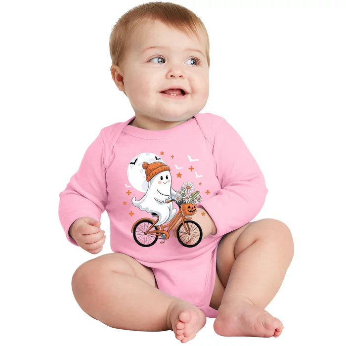 Cute Halloween Ghost Riding Bike With Flowers Spooky Fall Gift Baby Long Sleeve Bodysuit