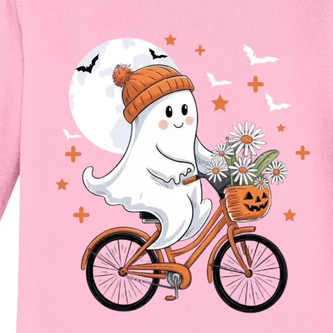 Cute Halloween Ghost Riding Bike With Flowers Spooky Fall Gift Baby Long Sleeve Bodysuit