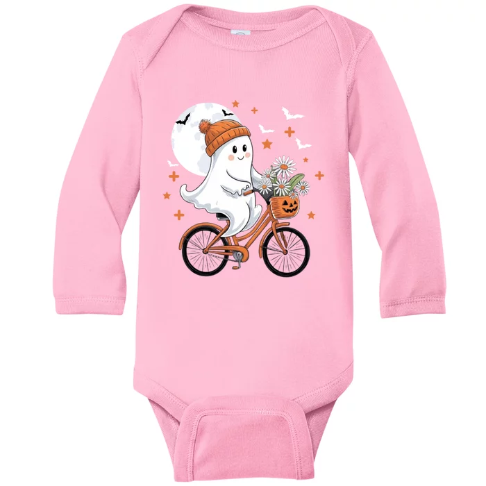 Cute Halloween Ghost Riding Bike With Flowers Spooky Fall Gift Baby Long Sleeve Bodysuit