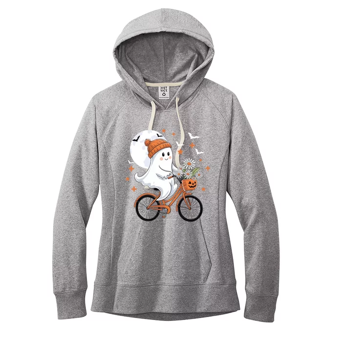 Cute Halloween Ghost Riding Bike With Flowers Spooky Fall Gift Women's Fleece Hoodie