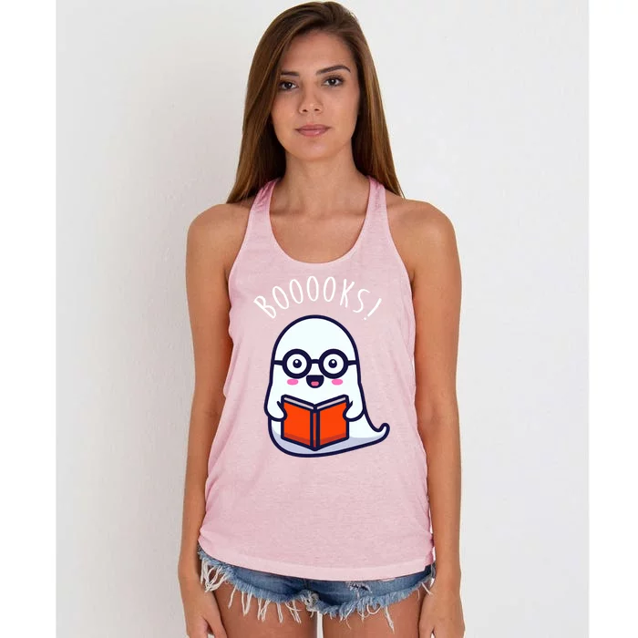 Cute Halloween Ghost Reading A Library Book Gift Women's Knotted Racerback Tank