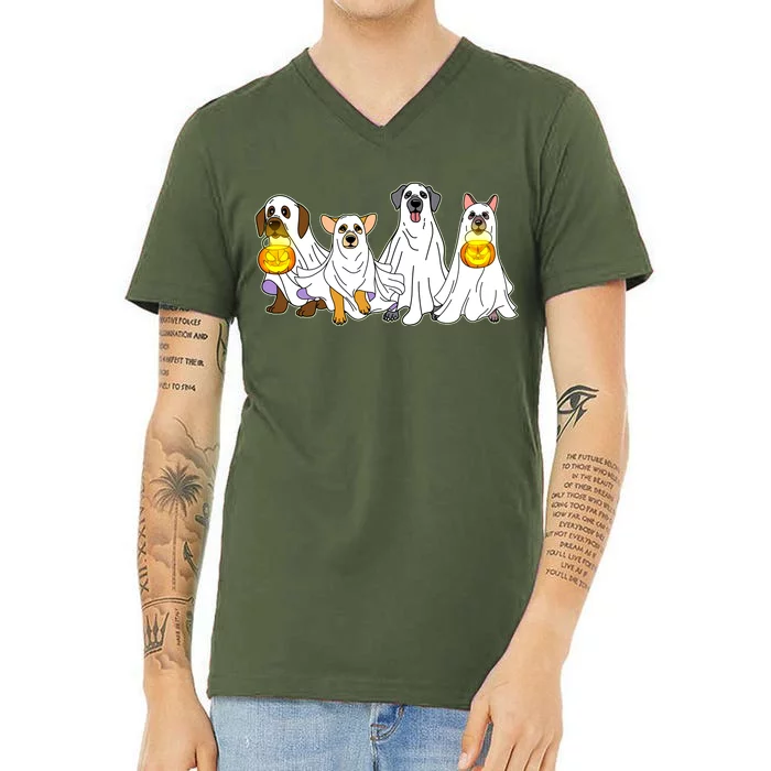 Cute Halloween Ghost Dogs Pups V-Neck T-Shirt