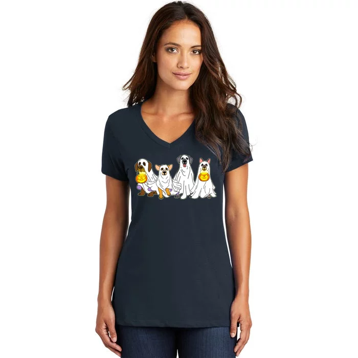 Cute Halloween Ghost Dogs Pups Women's V-Neck T-Shirt