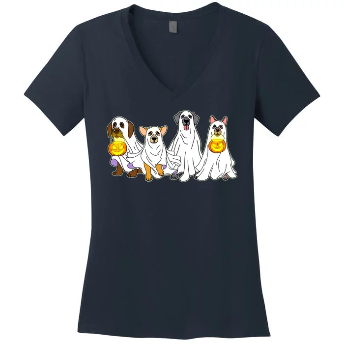 Cute Halloween Ghost Dogs Pups Women's V-Neck T-Shirt