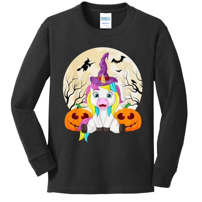 Cute Halloween Girls Witchy Unicorn Hallowee Kids Long Sleeve Shirt