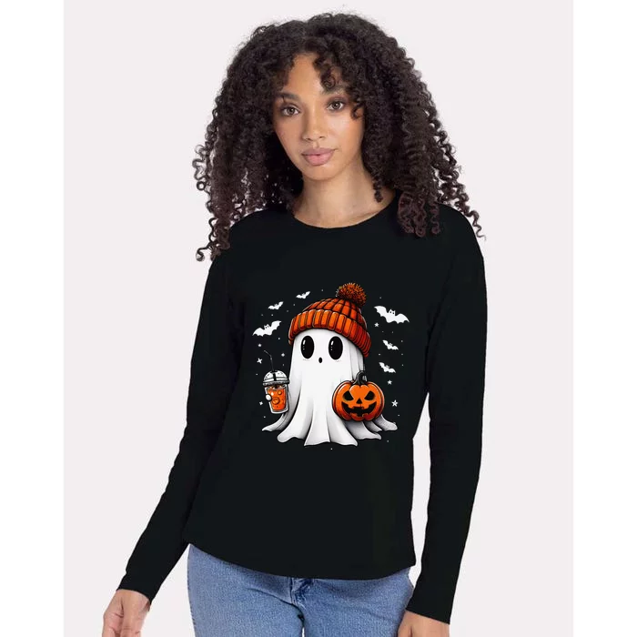 Cute Halloween Ghost Drink Pumpkin Womens Cotton Relaxed Long Sleeve T-Shirt