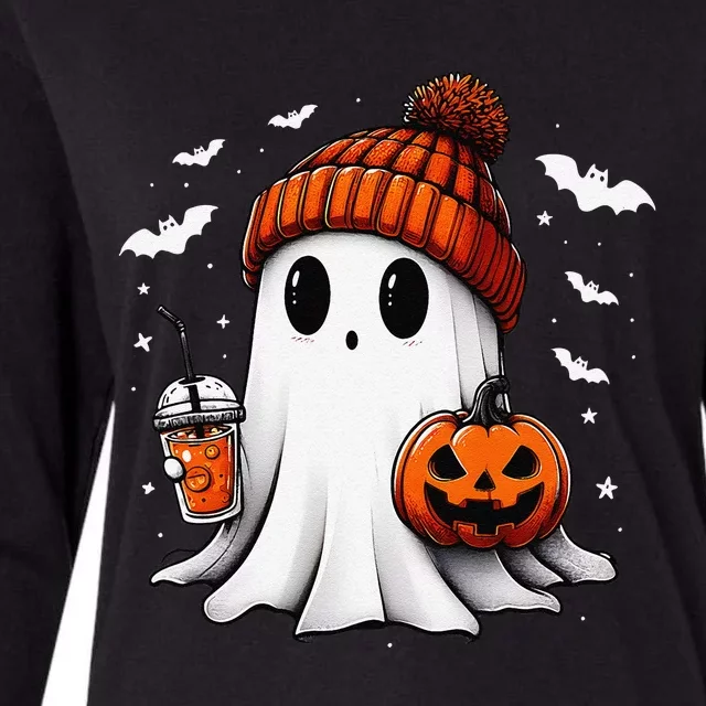 Cute Halloween Ghost Drink Pumpkin Womens Cotton Relaxed Long Sleeve T-Shirt