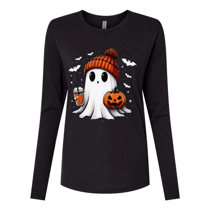 Cute Halloween Ghost Drink Pumpkin Womens Cotton Relaxed Long Sleeve T-Shirt