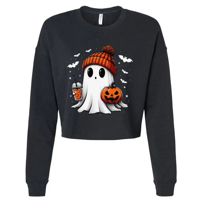 Cute Halloween Ghost Drink Pumpkin Cropped Pullover Crew