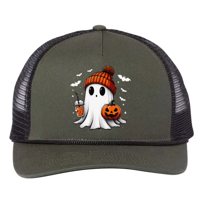 Cute Halloween Ghost Drink Pumpkin Retro Rope Trucker Hat Cap