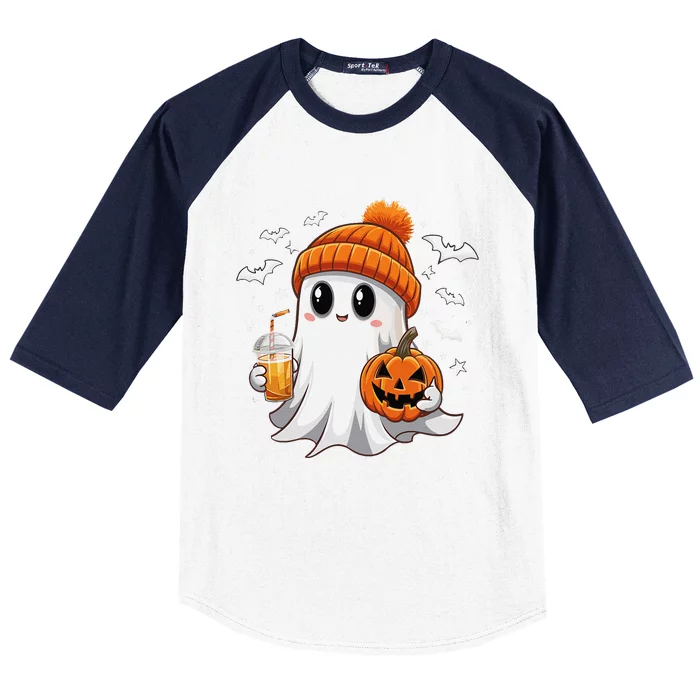 Cute Halloween Ghost Drink Iced Coffee Pumpkin Baseball Sleeve Shirt