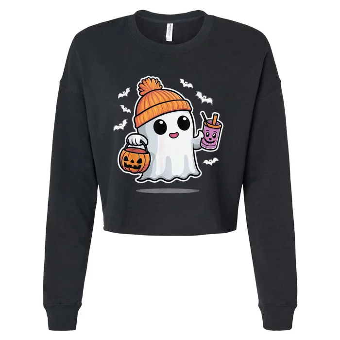 Cute Halloween Ghost Drink Pumpkin Cropped Pullover Crew