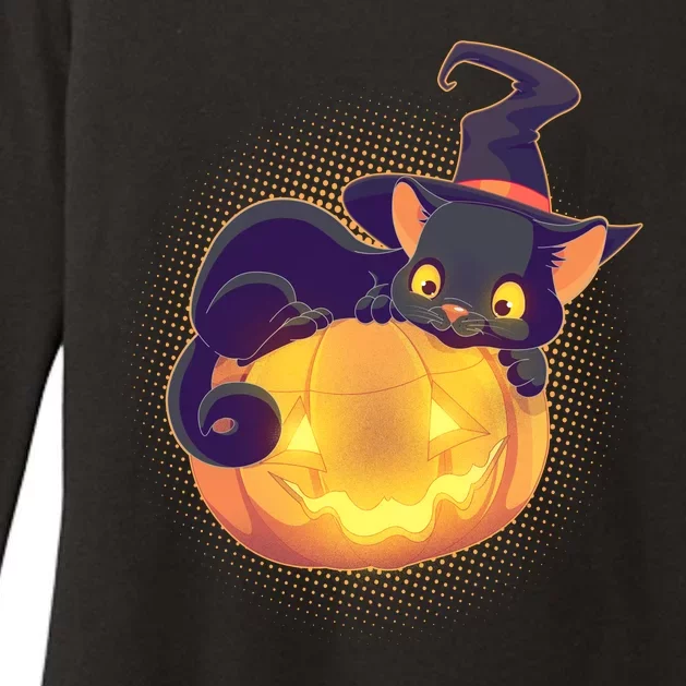 Cute Halloween Glowing Pumpkin Jackolantern Witch Cat Womens CVC Long Sleeve Shirt