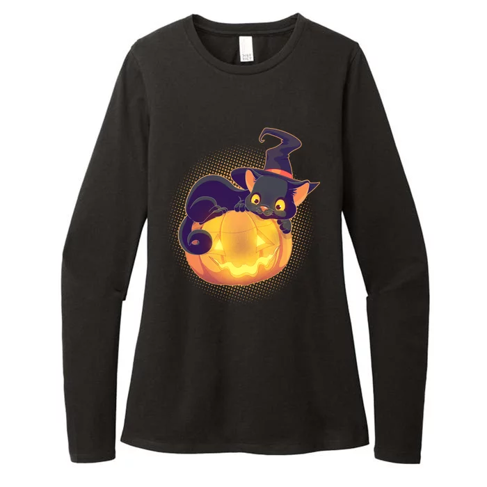 Cute Halloween Glowing Pumpkin Jackolantern Witch Cat Womens CVC Long Sleeve Shirt