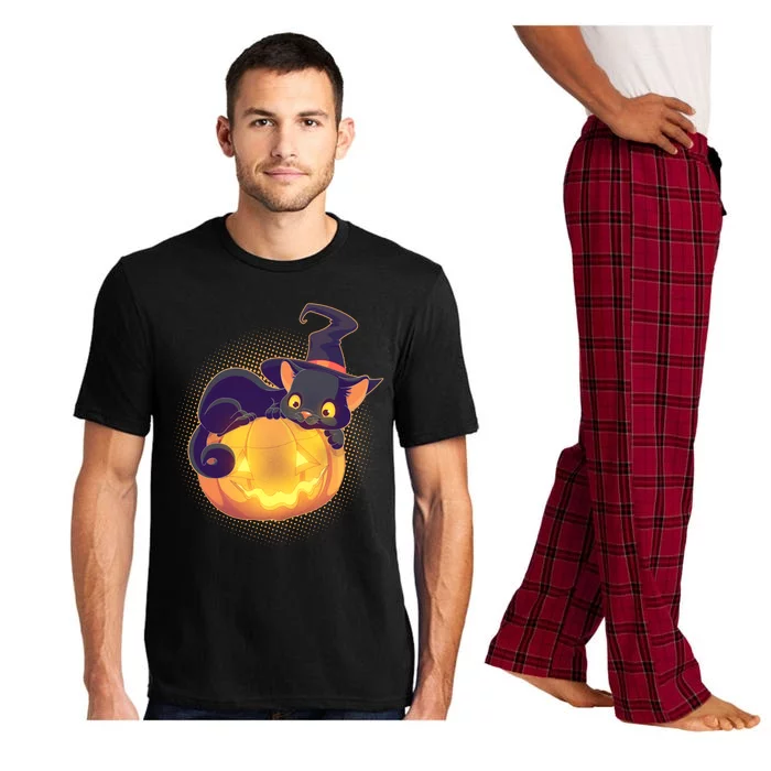 Cute Halloween Glowing Pumpkin Jackolantern Witch Cat Pajama Set