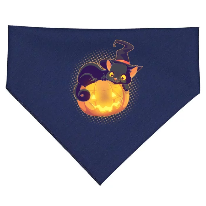 Cute Halloween Glowing Pumpkin Jackolantern Witch Cat USA-Made Doggie Bandana