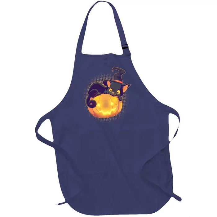 Cute Halloween Glowing Pumpkin Jackolantern Witch Cat Full-Length Apron With Pocket