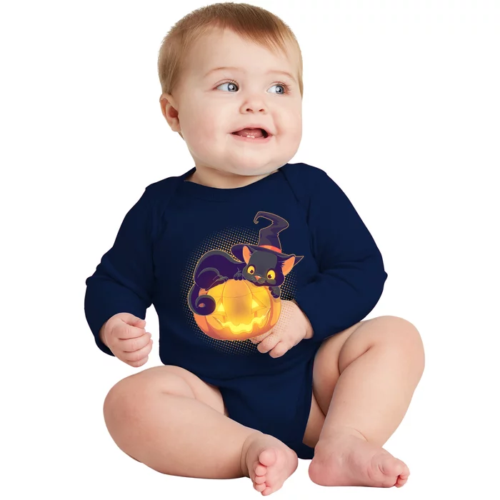 Cute Halloween Glowing Pumpkin Jackolantern Witch Cat Baby Long Sleeve Bodysuit