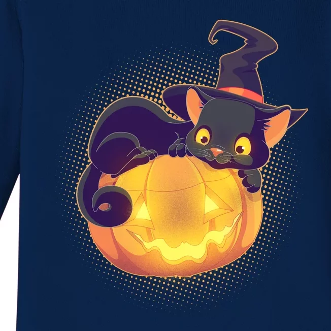 Cute Halloween Glowing Pumpkin Jackolantern Witch Cat Baby Long Sleeve Bodysuit